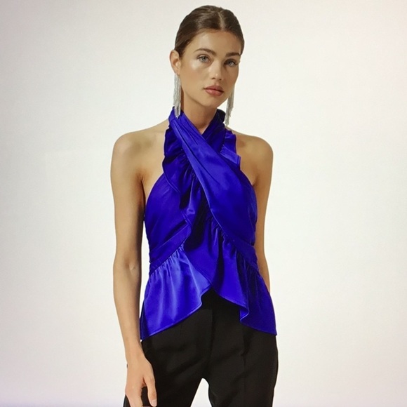 Line & Dot Blue Satin Halter Ruffle Peplum Wrap Going Out Top S NWT - Picture 16 of 16